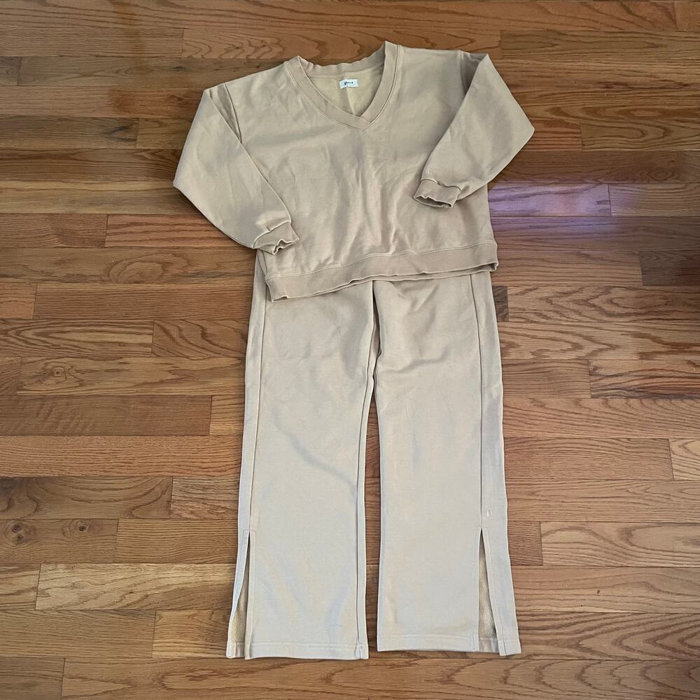 Pact Organic Courtside Fleece Set V Neck Sweatshirt Wide Leg Pants Womens L Tan